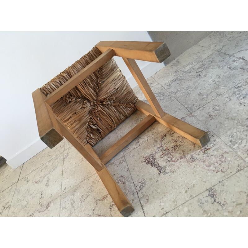 Straw and Light Wood Vintage Stool