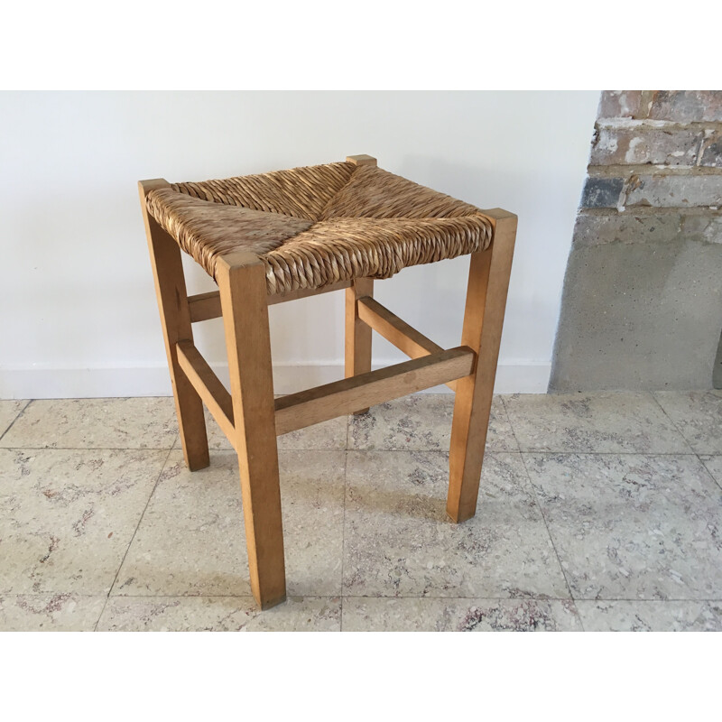 Straw and Light Wood Vintage Stool