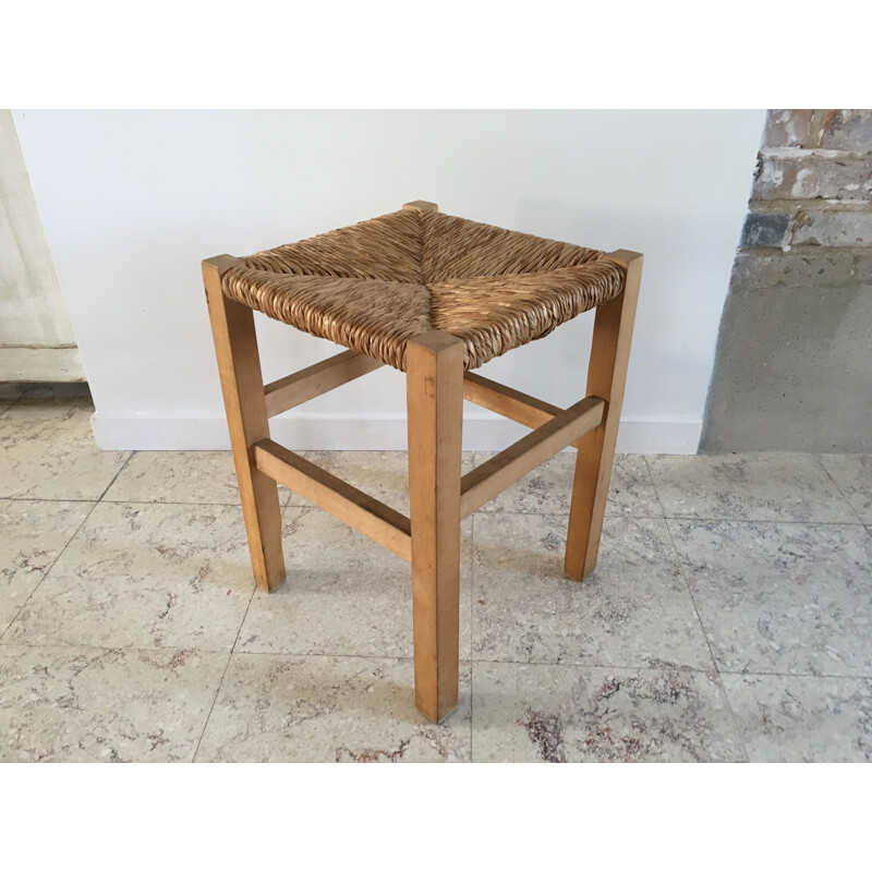 Straw and Light Wood Vintage Stool