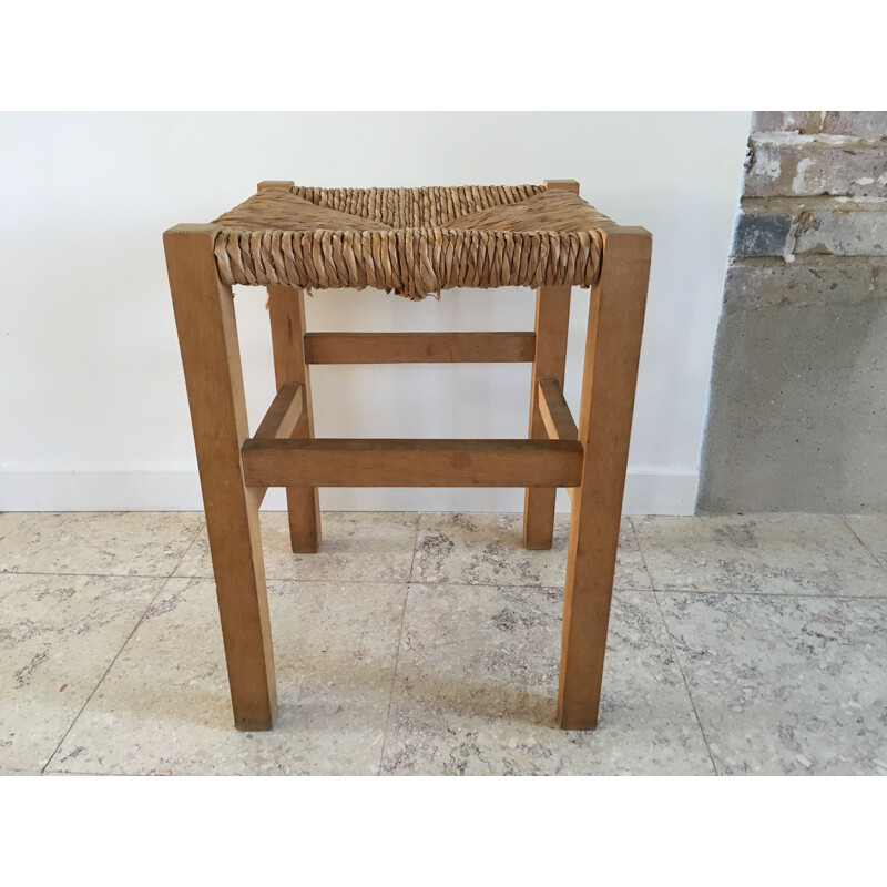 Straw and Light Wood Vintage Stool