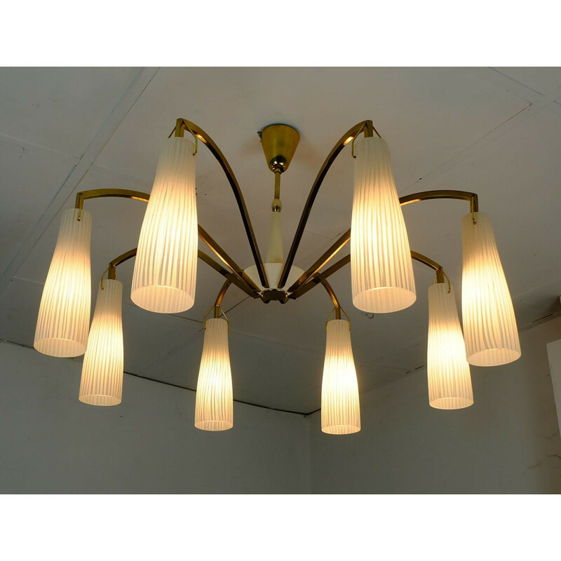 Vintage large mid century hanging lamp brass 8 glass shades stilnovo style 1950s