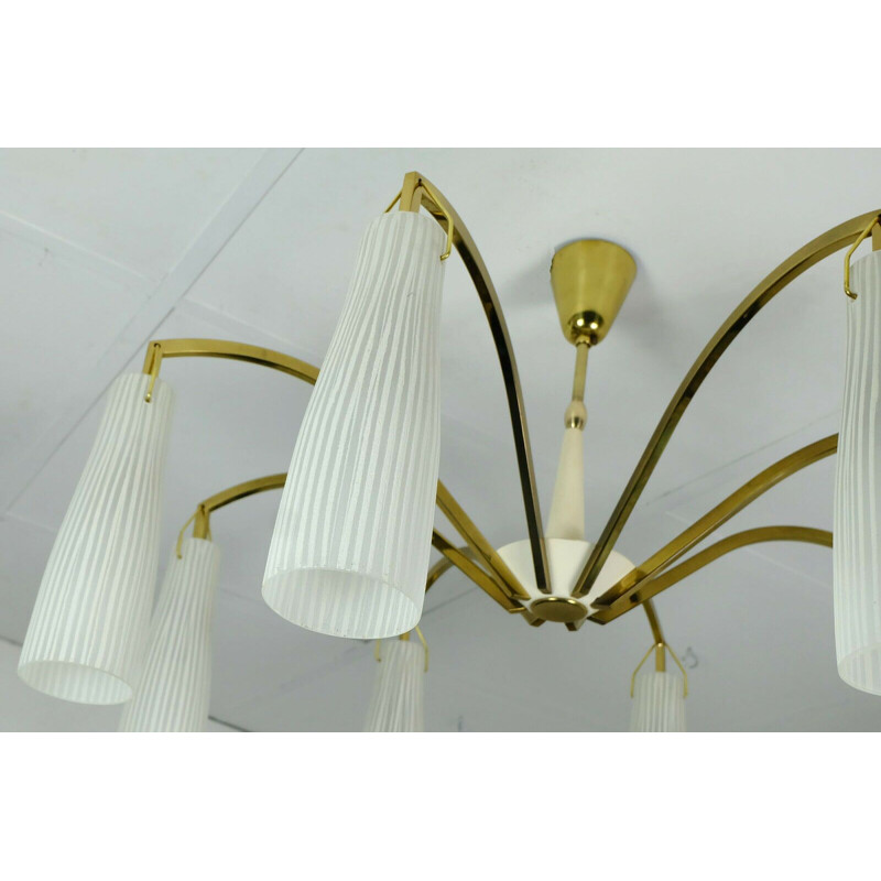 Vintage large mid century hanging lamp brass 8 glass shades stilnovo style 1950s