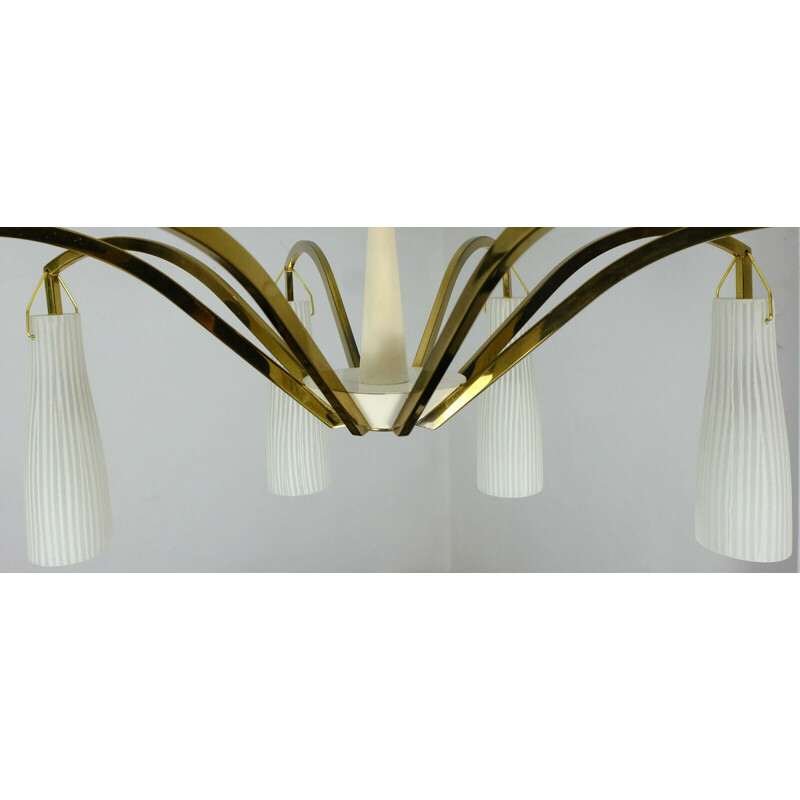 Vintage large mid century hanging lamp brass 8 glass shades stilnovo style 1950s