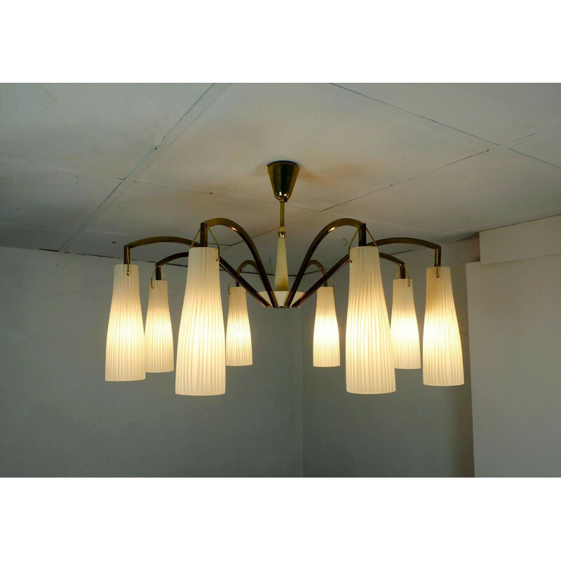 Vintage large mid century hanging lamp brass 8 glass shades stilnovo style 1950s