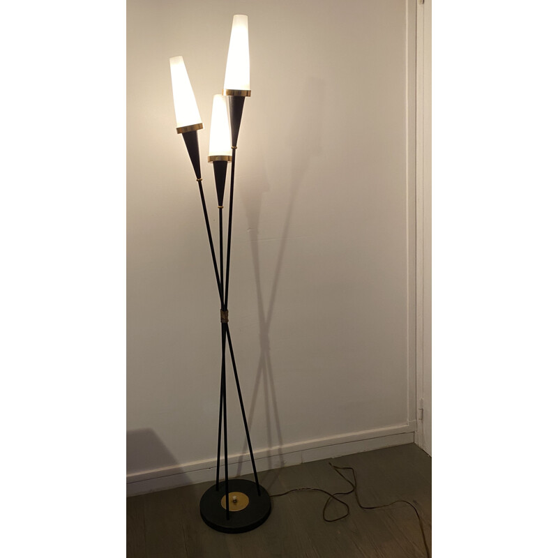 Vintage  floor lamp gilt metal and opaline 3-light 1950