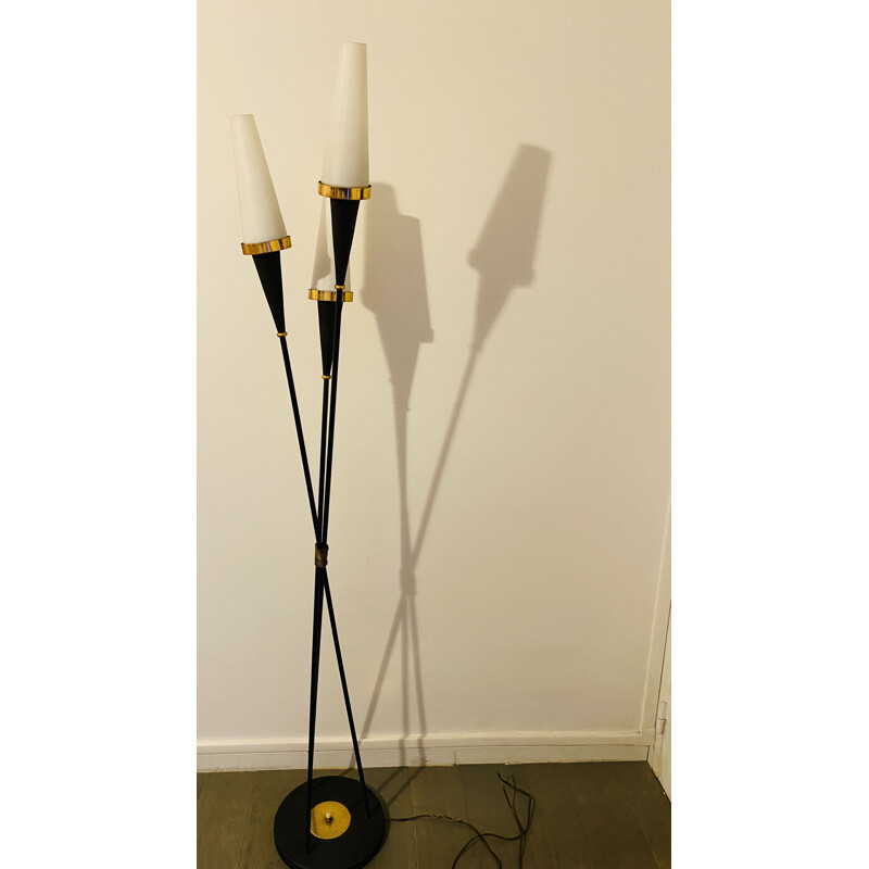 Vintage  floor lamp gilt metal and opaline 3-light 1950