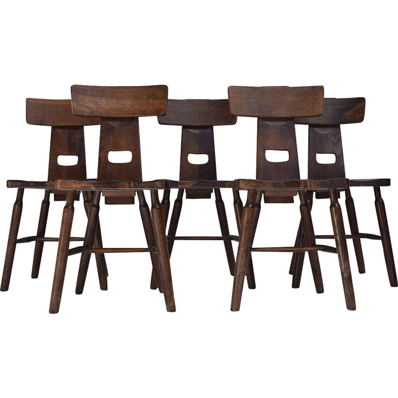 Set of 5 vintage Dark oak Brutalist dining  chairs 1970s