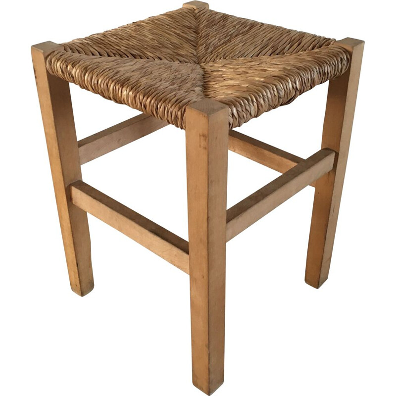 Straw and Light Wood Vintage Stool