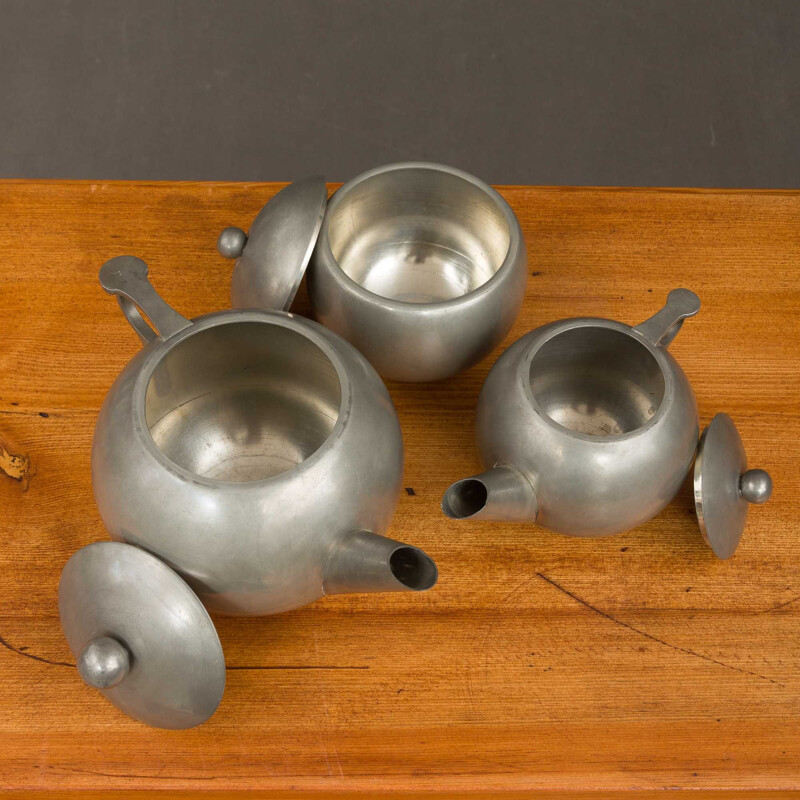 Vintage handmade tea set of modernist decorative tin kettles Italian