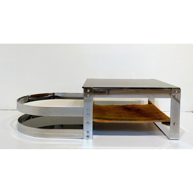 Vintage Coffee Table Steel, Glass And Cowhide 1970