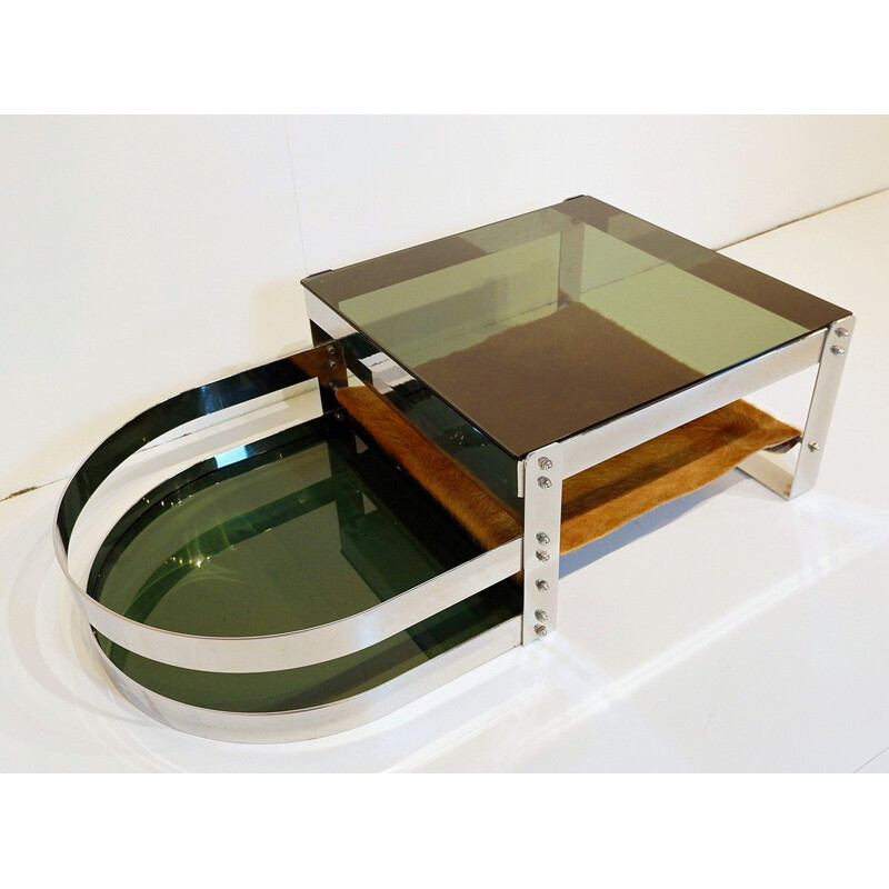 Vintage Coffee Table Steel, Glass And Cowhide 1970