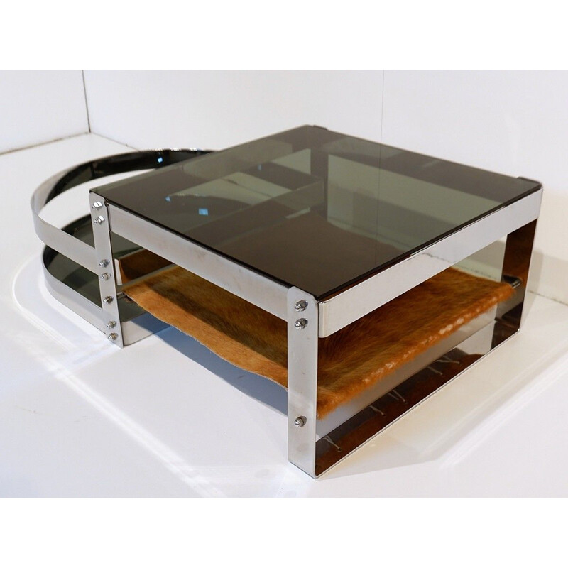 Vintage Coffee Table Steel, Glass And Cowhide 1970