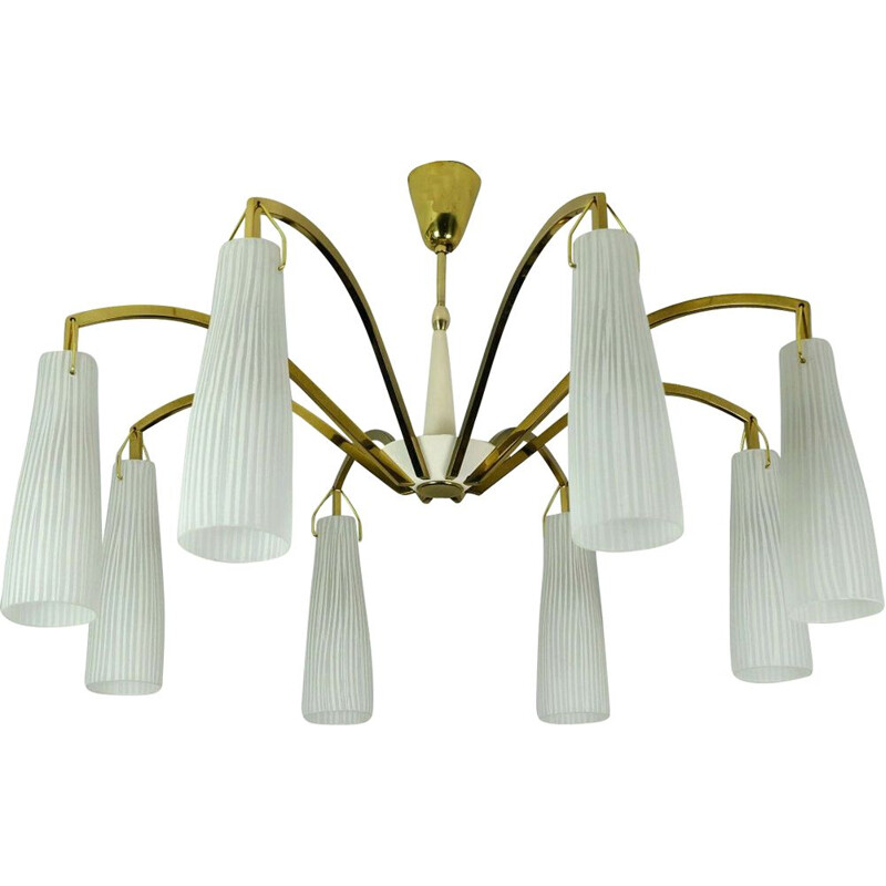 Vintage large mid century hanging lamp brass 8 glass shades stilnovo style 1950s