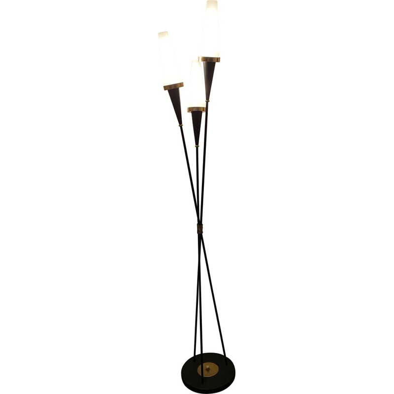 Vintage  floor lamp gilt metal and opaline 3-light 1950