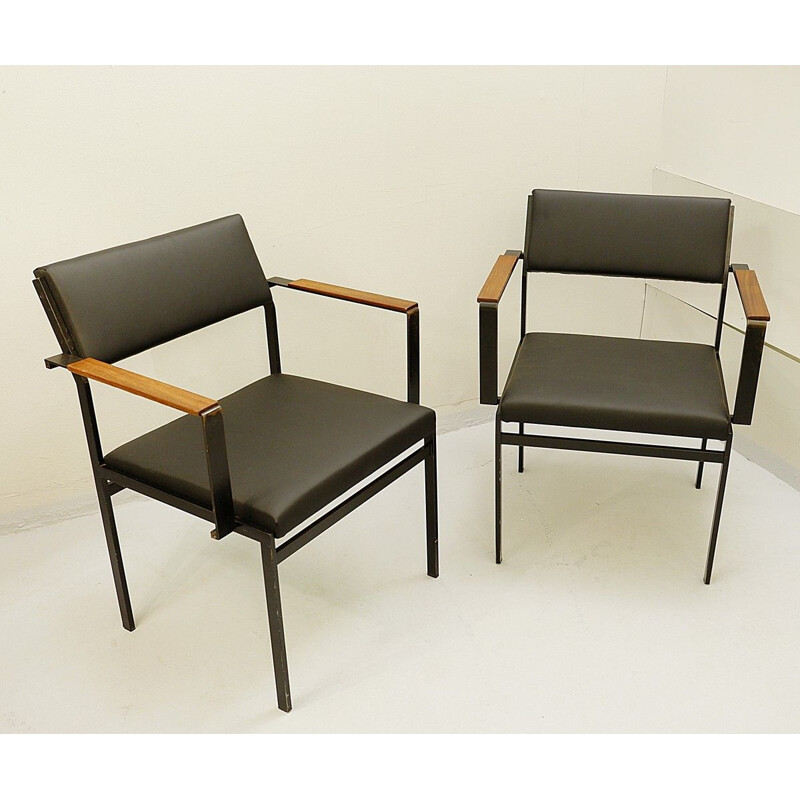 Paar vintage FM17 stoelen in Japans kunstleer van Cees Braakman voor Pastoe, 1950