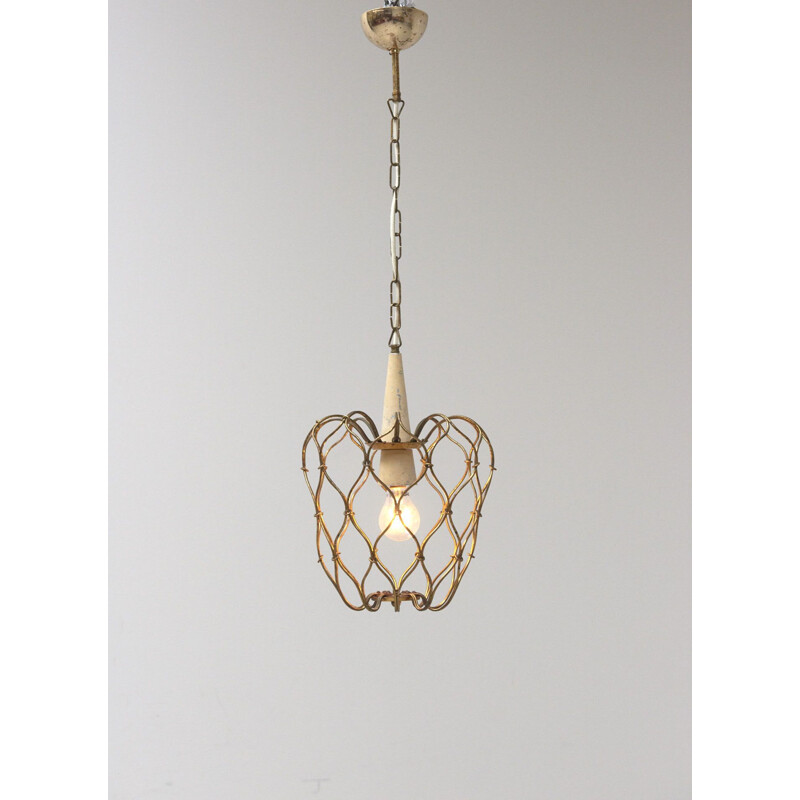 Vintage Brass Wireframed Hanging Lamp, Italy 1950s