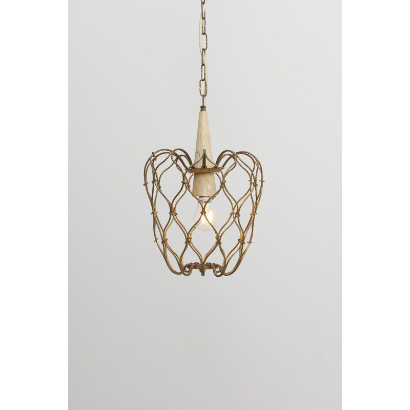 Vintage Brass Wireframed Hanging Lamp, Italy 1950s