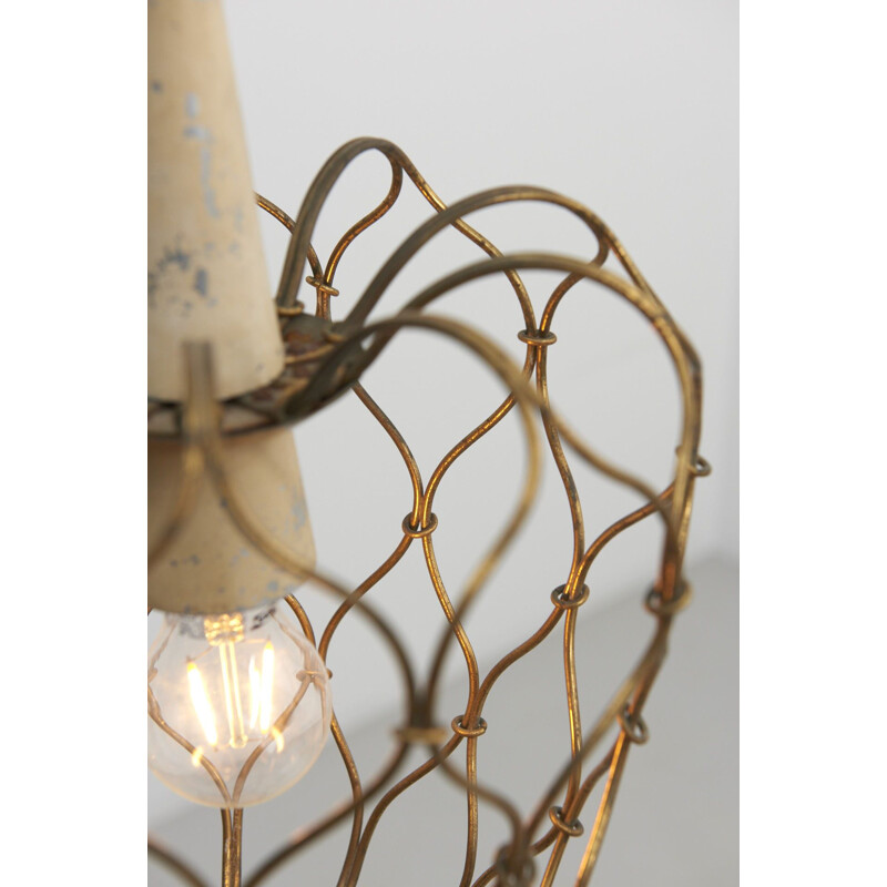 Vintage Brass Wireframed Hanging Lamp, Italy 1950s