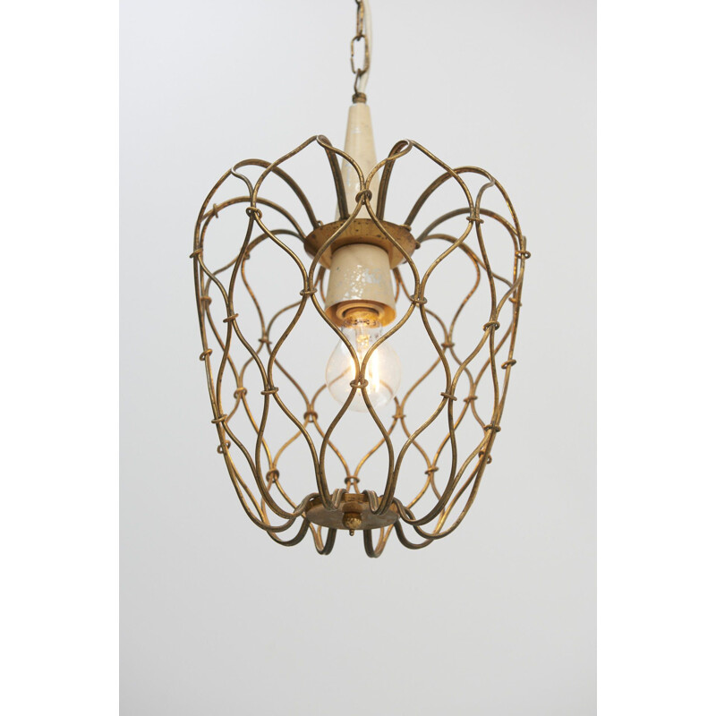 Vintage Brass Wireframed Hanging Lamp, Italy 1950s