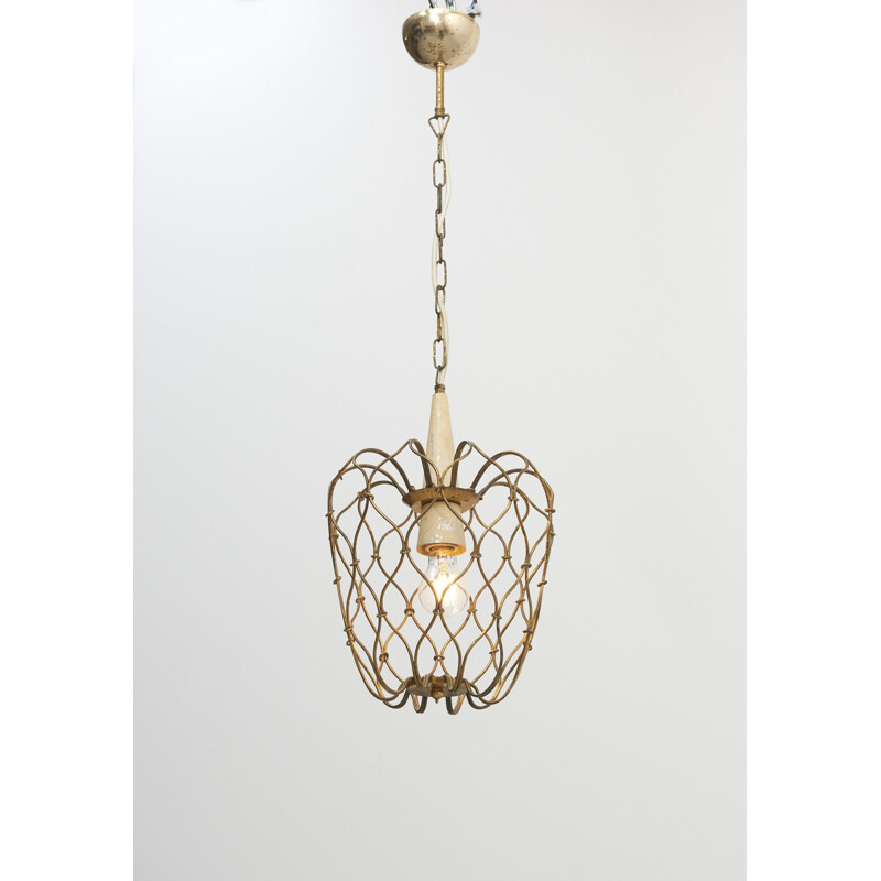 Vintage Brass Wireframed Hanging Lamp, Italy 1950s