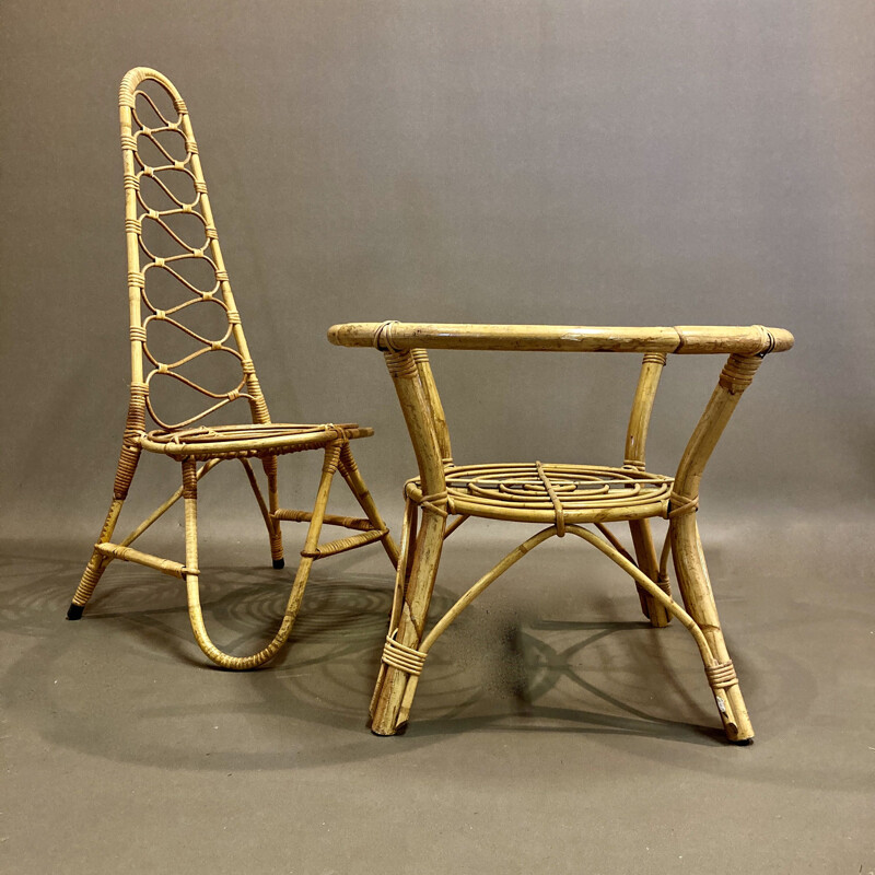 Chaise et table vintage en rotin 1960