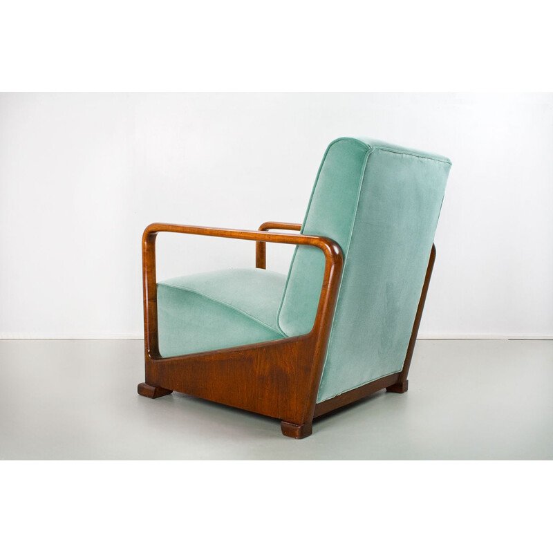 Vintage Art Deco chair in cherry and blue velvet Dutch 1934
