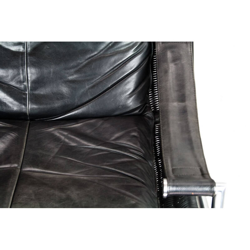 Pair of vintage lounge chairs  Gerard van den Berg in black leather and wicker 1970s