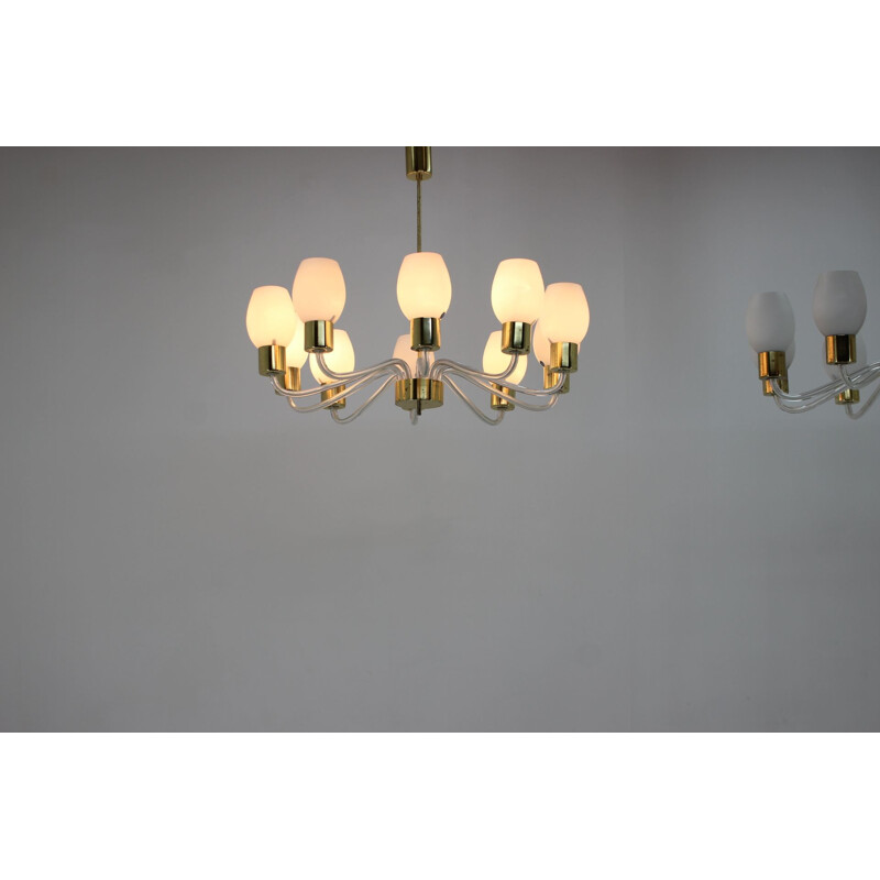 Pair of vintage glass and brass chandeliers by Kamenický Šenov, Czechoslovakia 1960