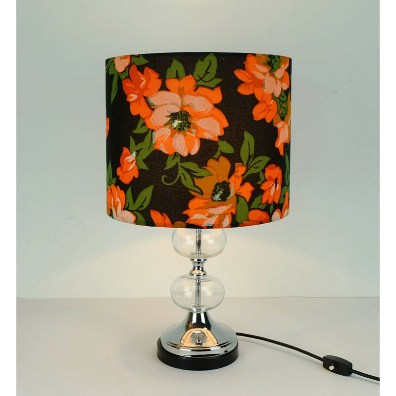 Lampe de table vintage en verre et abat-jour en tissu chromé avec motif de fleurs 1970