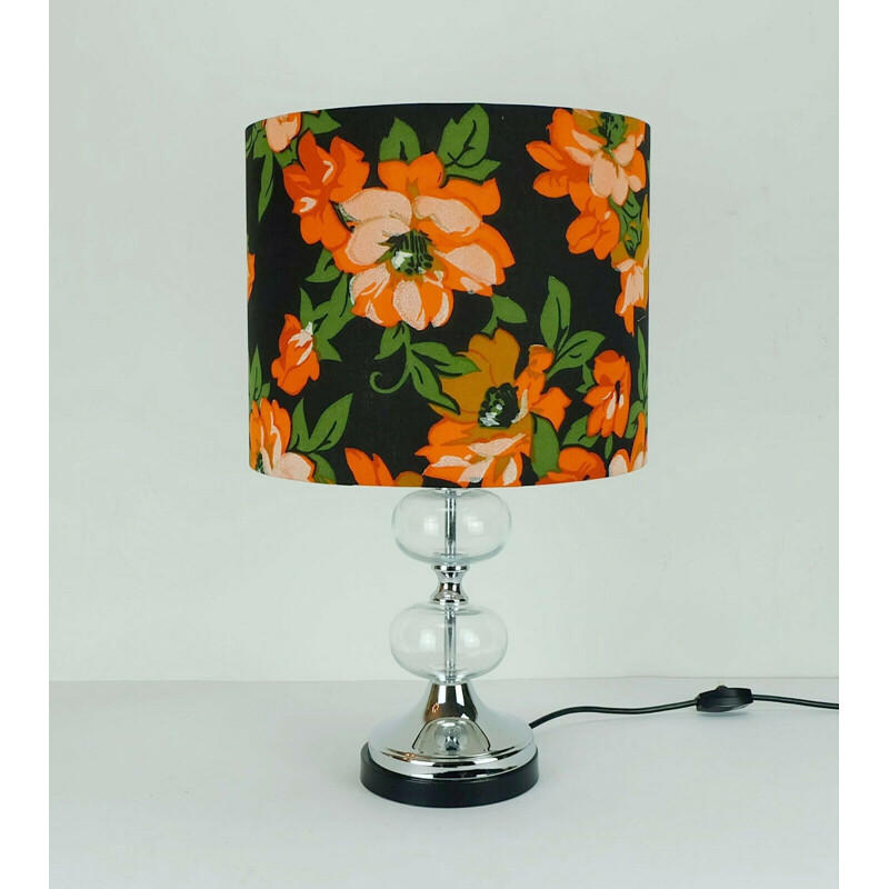 Vintage Table lamp glass and chrome fabric shade with flower pattern 1970s