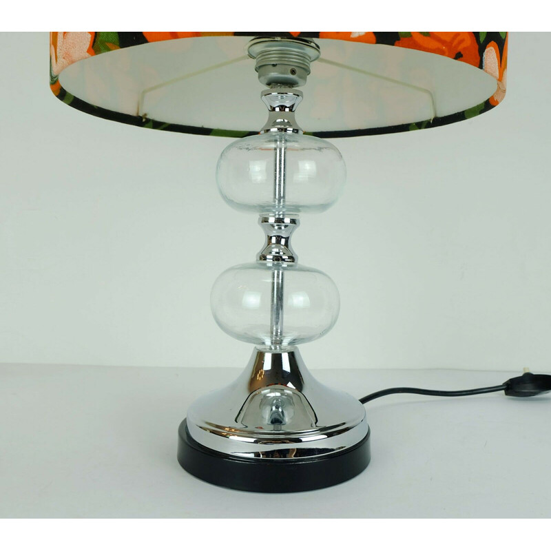 Vintage Table lamp glass and chrome fabric shade with flower pattern 1970s