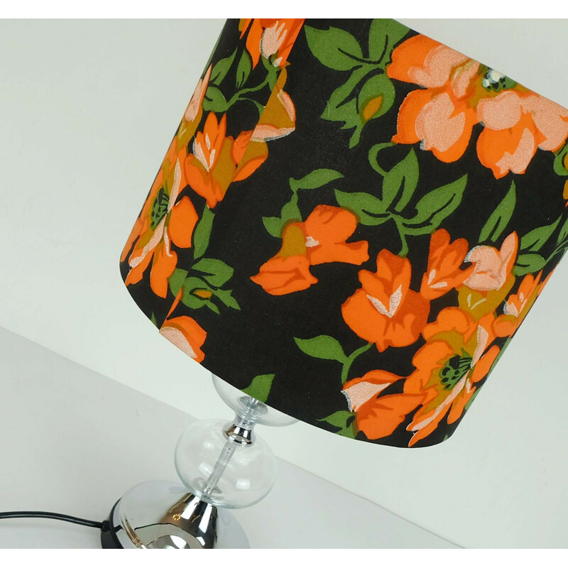 Vintage Table lamp glass and chrome fabric shade with flower pattern 1970s