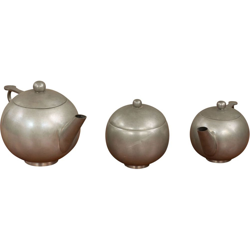 Vintage handmade tea set of modernist decorative tin kettles Italian