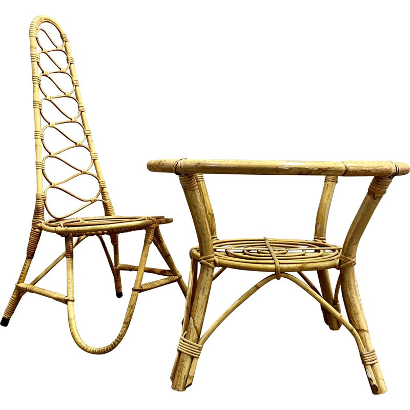Vintage rattan chair and table 1960