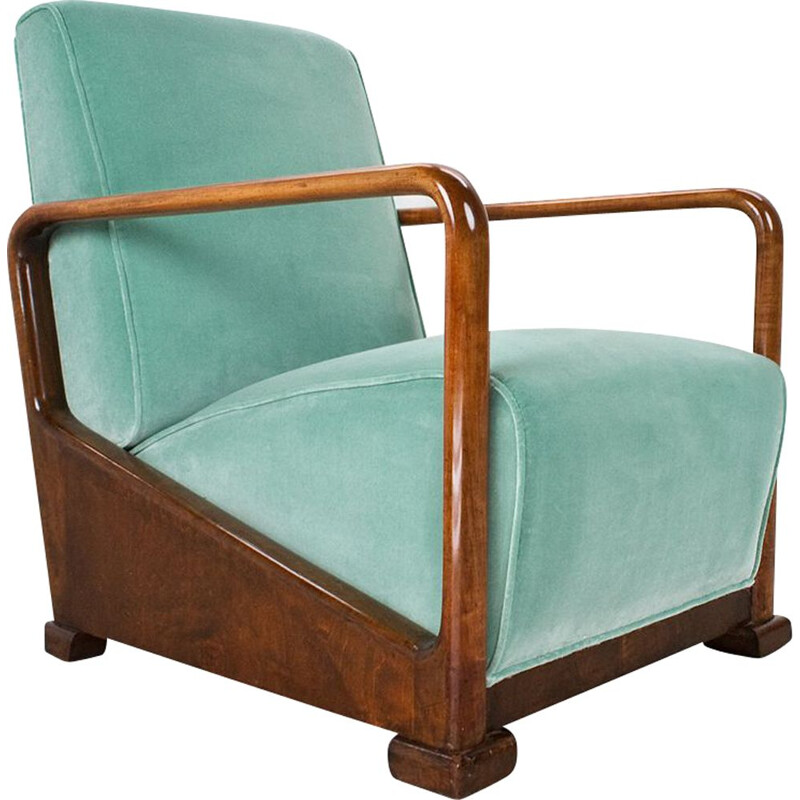 Vintage Art Deco chair in cherry and blue velvet Dutch 1934