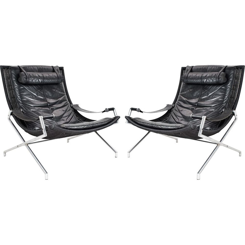 Pair of vintage lounge chairs  Gerard van den Berg in black leather and wicker 1970s