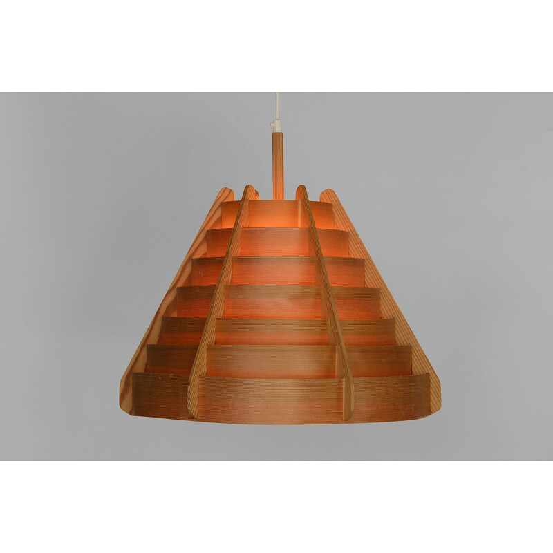 Large vintage pine veneer pendant light T 412 'Trym'. Hans-Agne Jakobsson for Ellysett AB Sweden 1960s