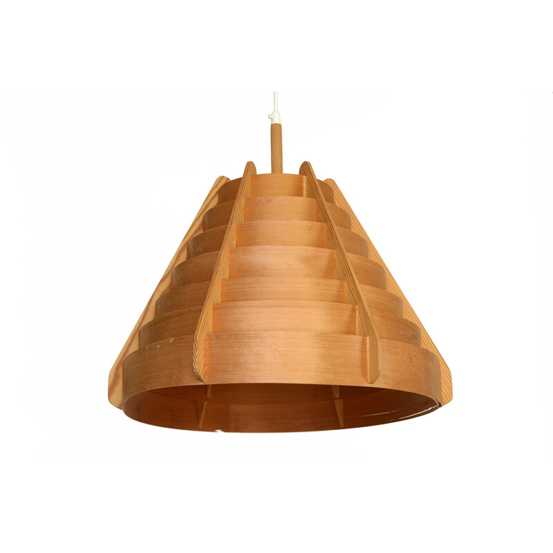 Large vintage pine veneer pendant light T 412 'Trym'. Hans-Agne Jakobsson for Ellysett AB Sweden 1960s