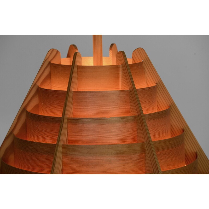 Large vintage pine veneer pendant light T 412 'Trym'. Hans-Agne Jakobsson for Ellysett AB Sweden 1960s