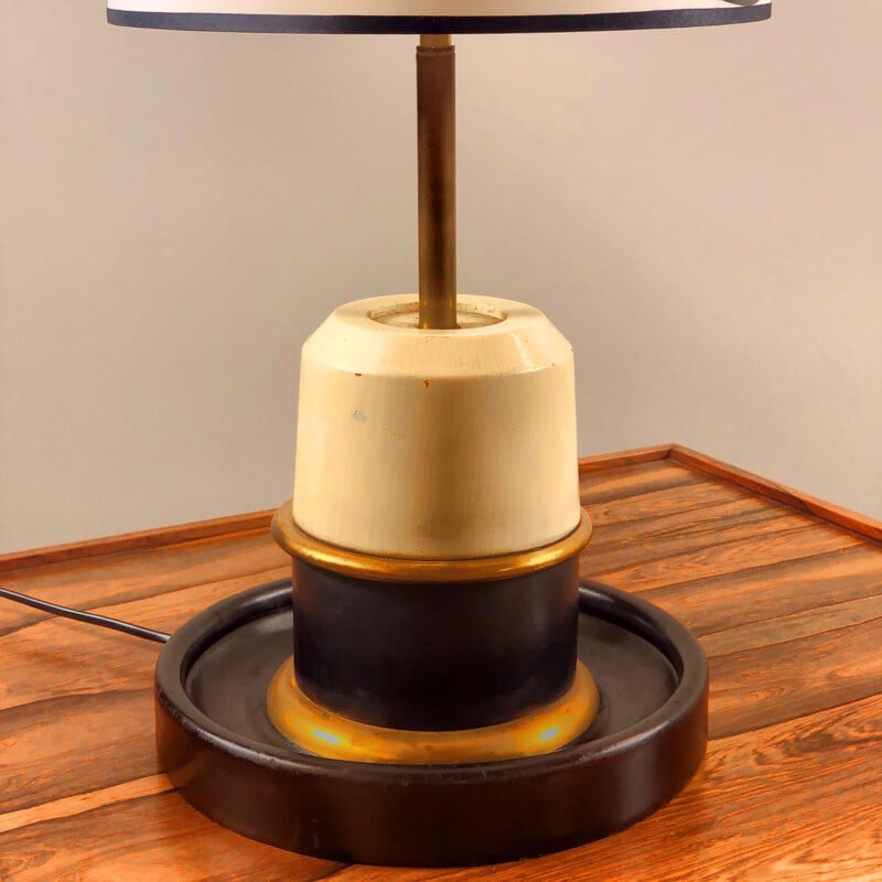 Vintage empty pocket lamp in leather and wood 1940