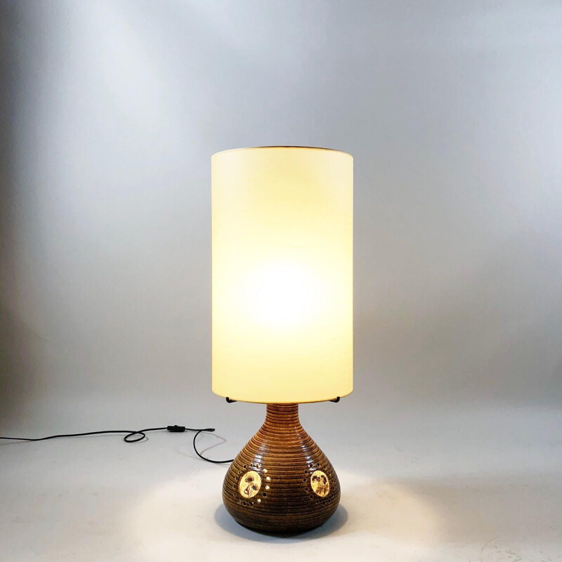 Vintage Accolay brown ceramic lamp with resin inlay with floral decoration 1960