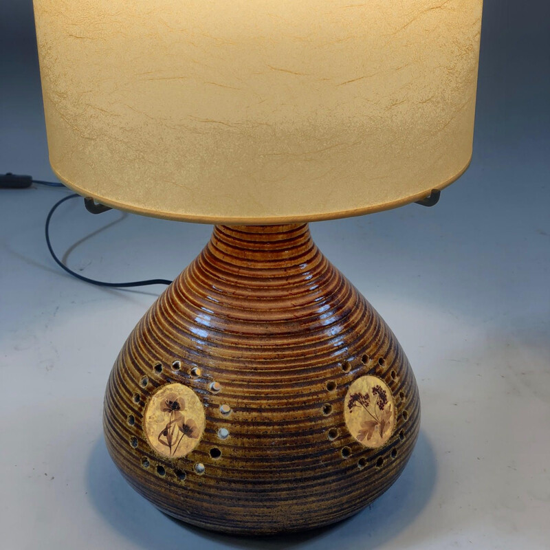 Vintage Accolay brown ceramic lamp with resin inlay with floral decoration 1960