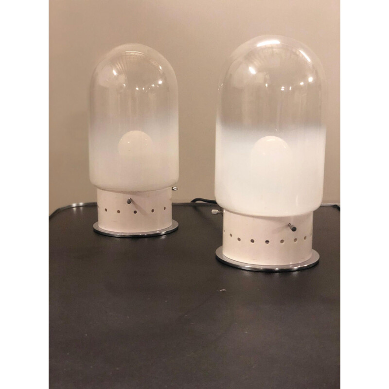 Pair of  vintage metal lamps Murano white lacquered and chrome 1970 