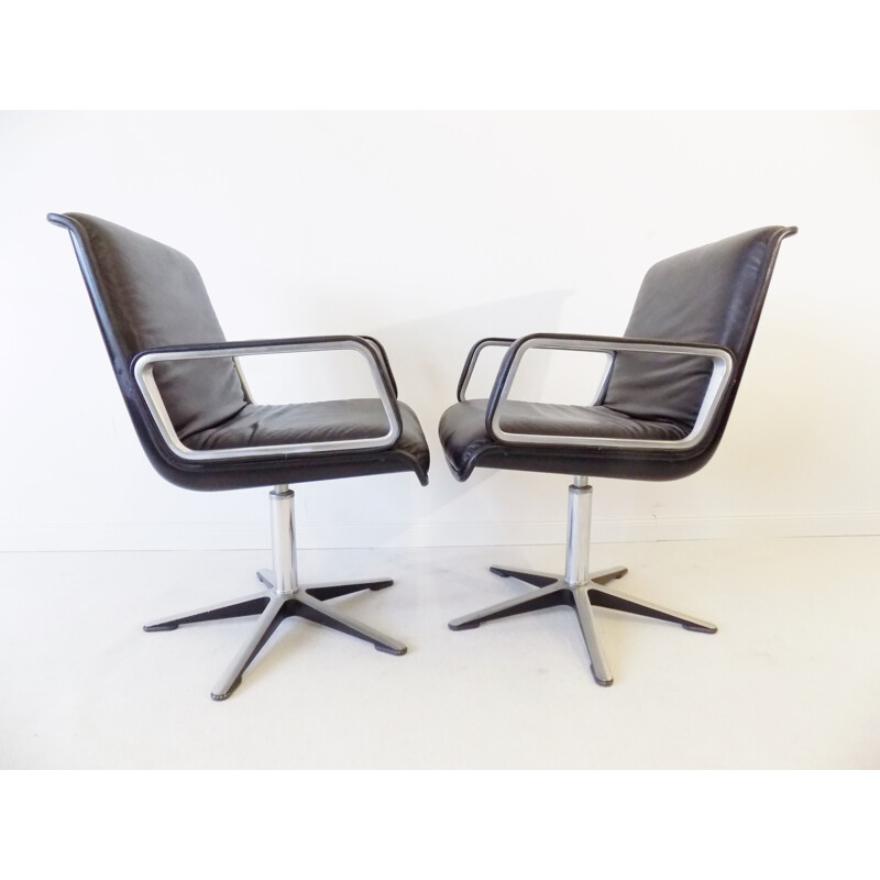 Paire de fauteuils lounge vintage en cuir noir par Delta Wilkhahn Delta 2000 