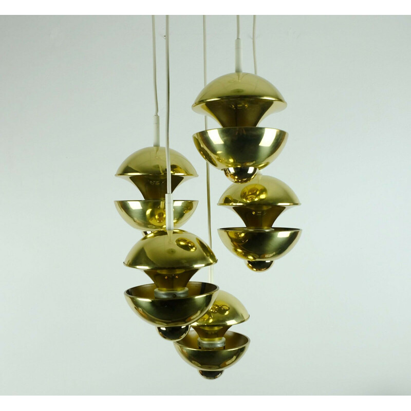 Mid century Pendant Light cascading lamp 7 brass shades by Klaus Hempel 1970s