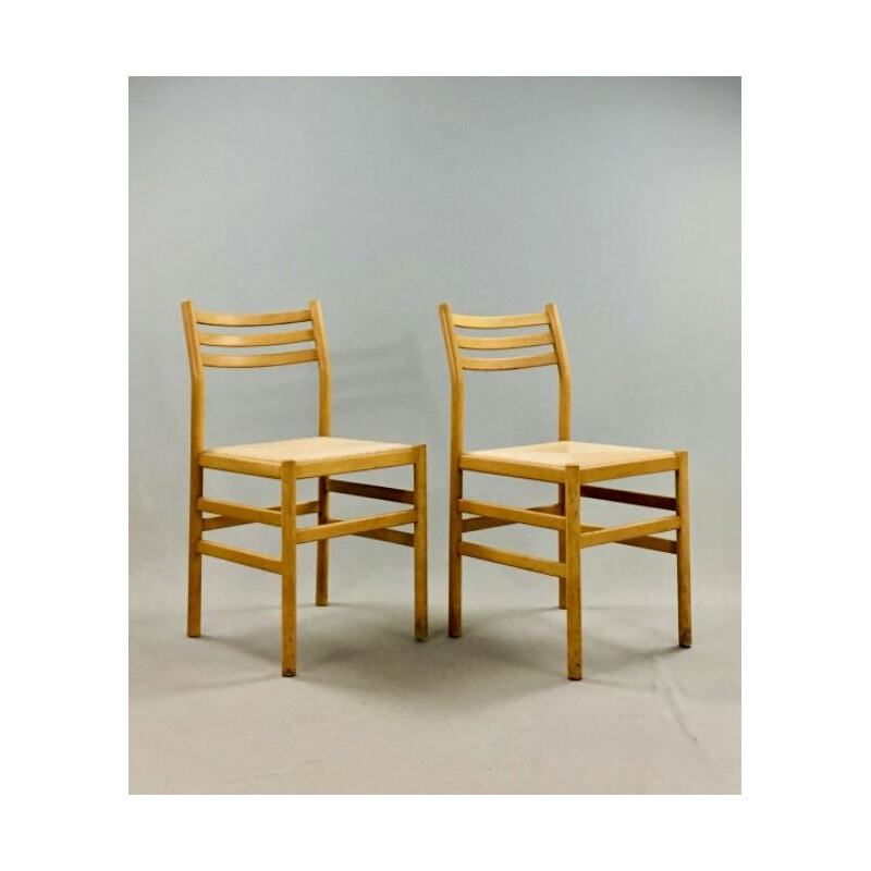 Set of 4 Vintage chairs beech and stone straw by pierre gautier delaye 1950's