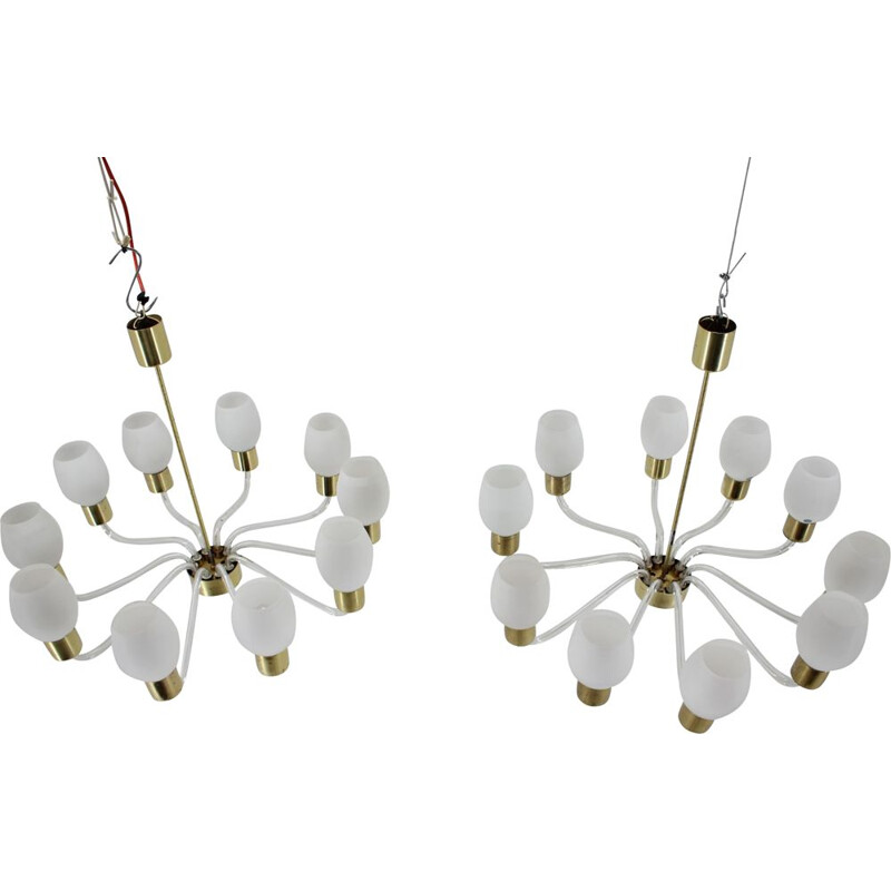 Pair of vintage glass and brass chandeliers by Kamenický Šenov, Czechoslovakia 1960