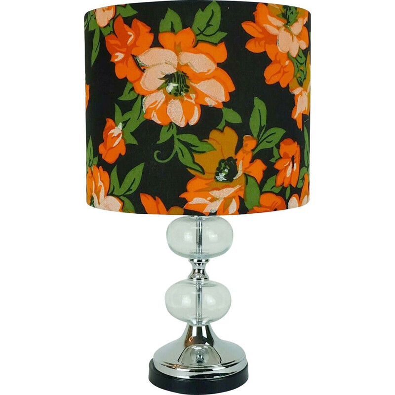 Vintage Table lamp glass and chrome fabric shade with flower pattern 1970s
