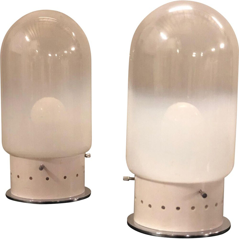 Pair of  vintage metal lamps Murano white lacquered and chrome 1970 