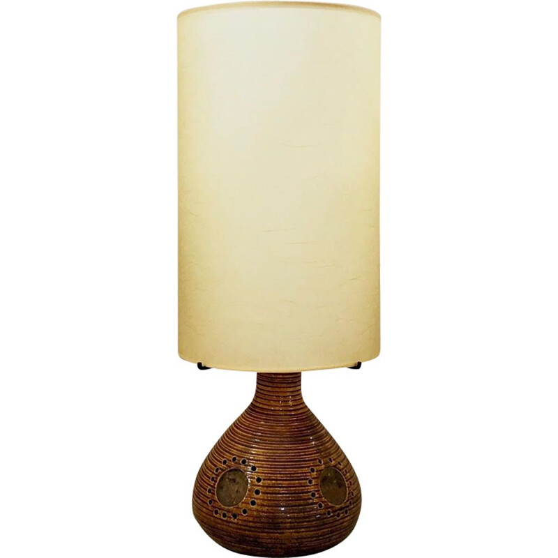 Lampe vintage Accolay céramique de couleur marron avec incrustation de résine à décor floral 1960